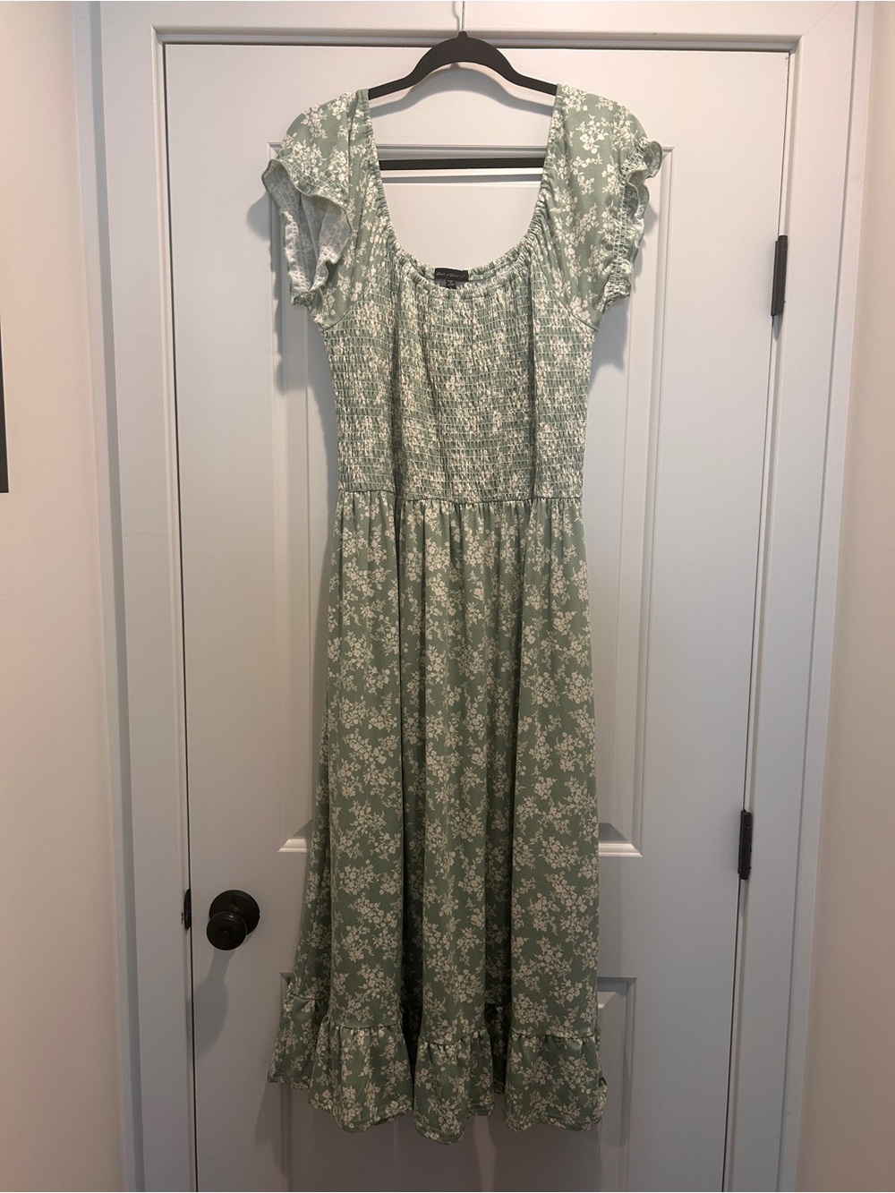 Smocked Sage Floral Maxi Dress with Ruffle Sleeves